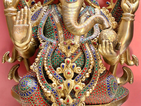 26" Brass King Ganesha Seated on Throne with Inlay Work