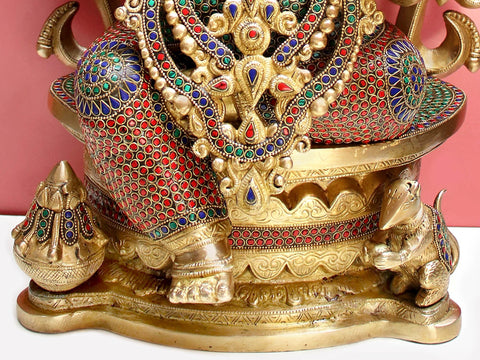 26" Brass King Ganesha Seated on Throne with Inlay Work