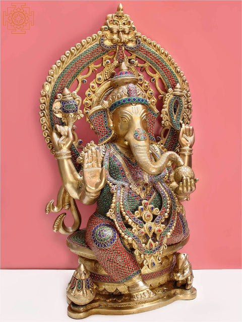 26" Brass King Ganesha Seated on Throne with Inlay Work