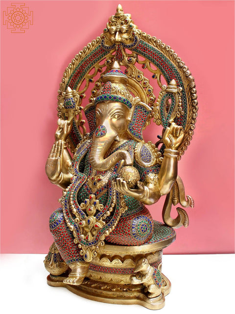 26" Brass King Ganesha Seated on Throne with Inlay Work