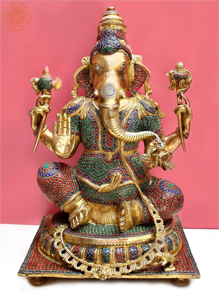 20" Lord Ganesha Seated on Pedestal Brass Idol