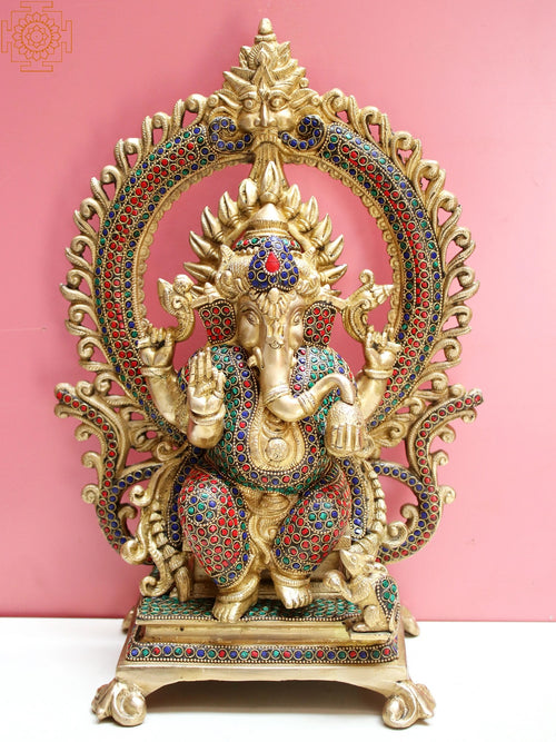 16" Lord Ganesha Seated on Kirtimukha Throne Brass Idol