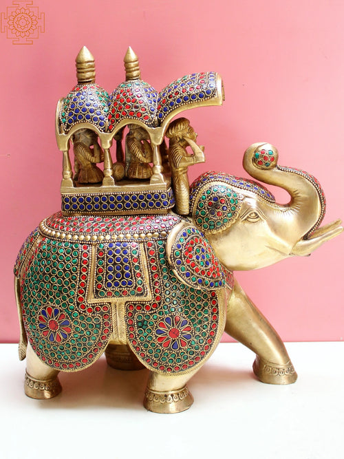 12" Brass Elephant Statue with Inlay Work Handmade