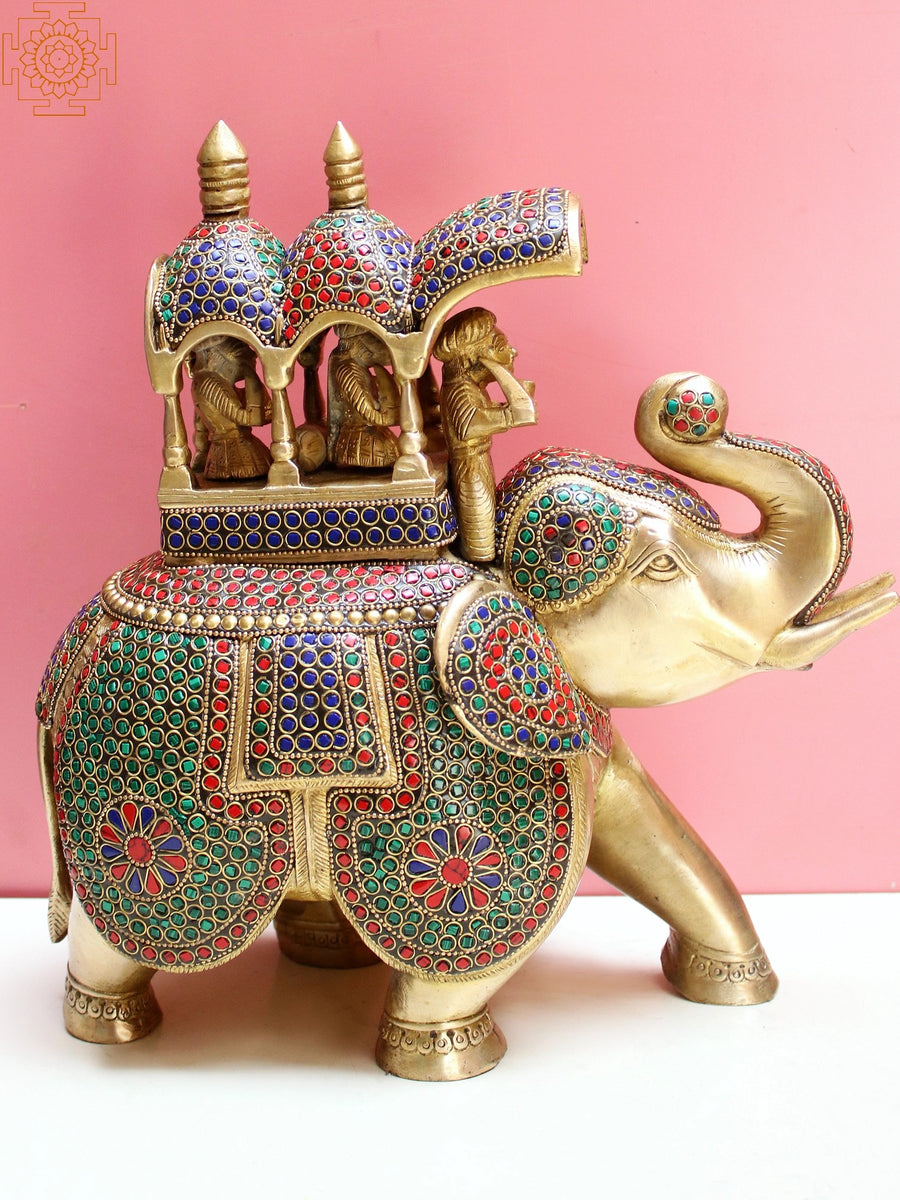 12" Brass Elephant Statue with Inlay Work Handmade