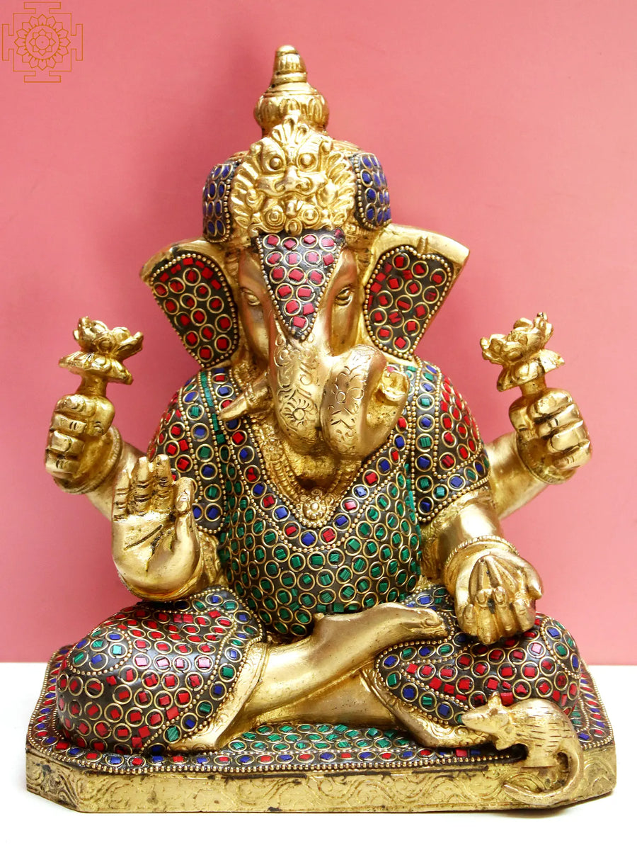 9" Brass Lord Ganesha Idol with Inlay Work