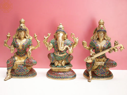8" Lakshmi Ganesha Saraswati Brass Idol
