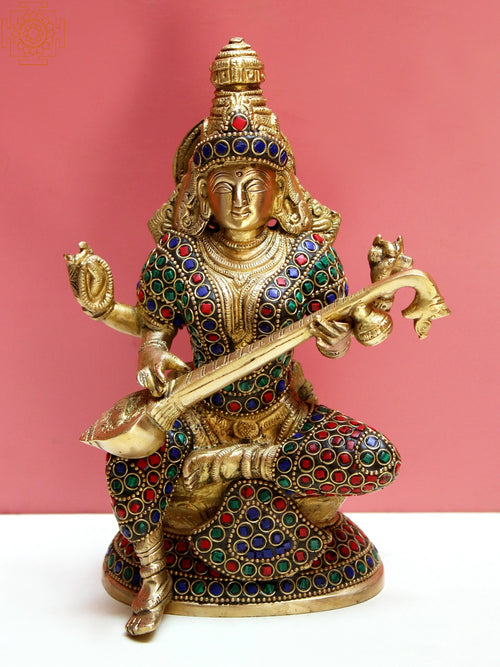 8" Handmade Brass Goddess Saraswati Inlay Statue