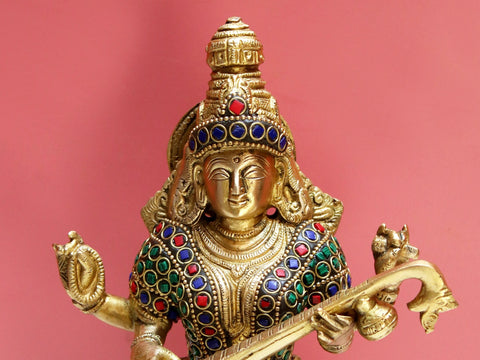 8" Brass Goddess Saraswati with Inlay Work