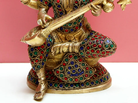8" Brass Goddess Saraswati with Inlay Work