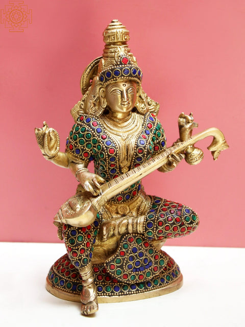 8" Brass Goddess Saraswati with Inlay Work