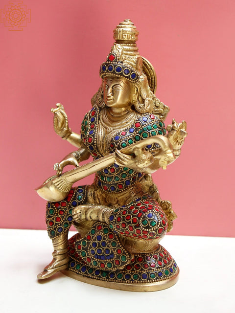 8" Brass Goddess Saraswati with Inlay Work