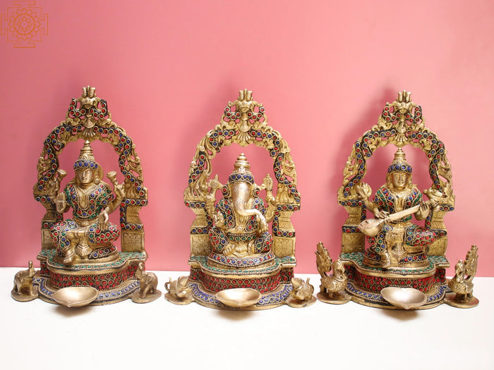 9" Brass Lakshmi Ganesha Saraswati Idol Set with Diya
