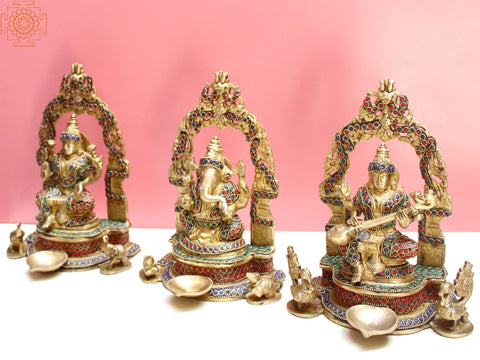 9" Brass Lakshmi Ganesha Saraswati Set with Diya