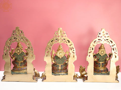 9" Brass Lakshmi Ganesha Saraswati Set with Diya