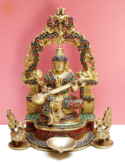 9" Brass Goddess Saraswati Statue with Inlay Work