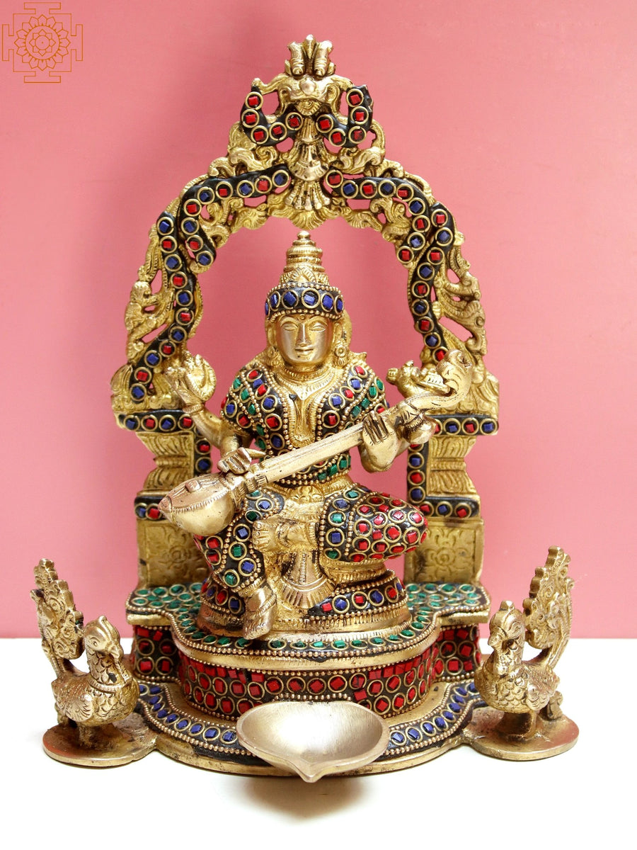9" Brass Goddess Saraswati Statue with Inlay Work