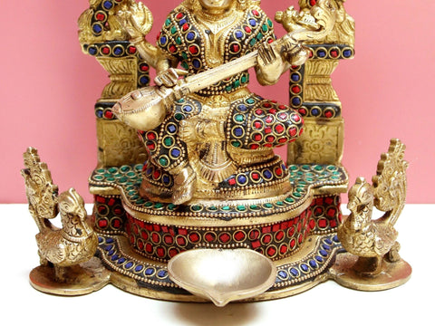 9" Brass Goddess Saraswati with Inlay Work