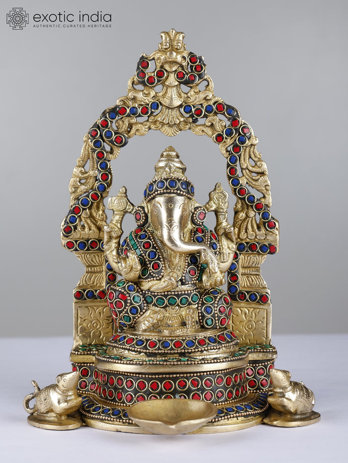 9" Brass Lord Ganesha Statue with Inlay Work