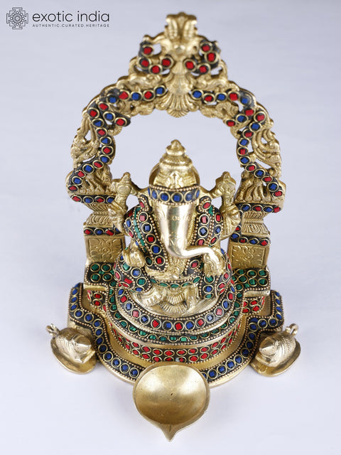 9" Brass Lord Ganesha with Inlay Work