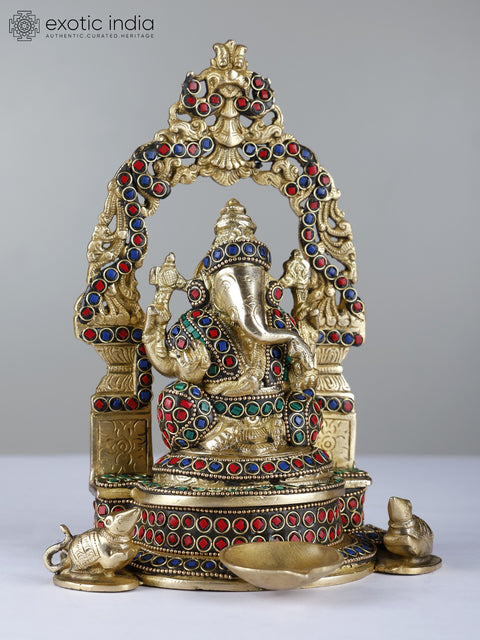 9" Brass Lord Ganesha with Inlay Work