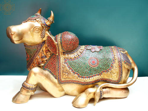 14" Brass Nandi Statue with Inlay Work