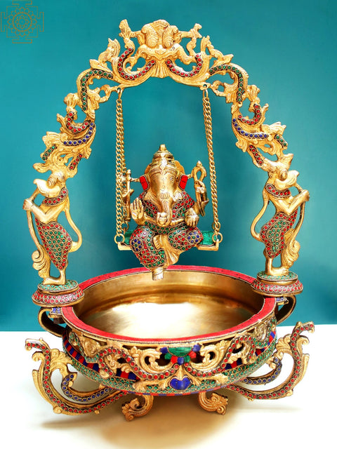 20" Brass Lord Ganesha Urli with Inlay Work