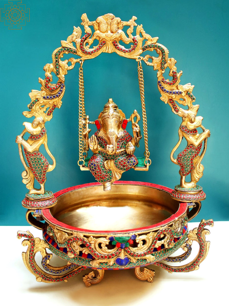 20" Brass Lord Ganesha Urli Statue with Inlay Work