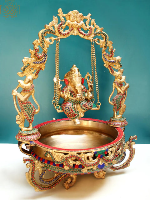 20" Brass Lord Ganesha Urli with Inlay Work