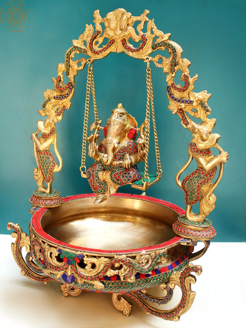 20" Brass Lord Ganesha Urli with Inlay Work