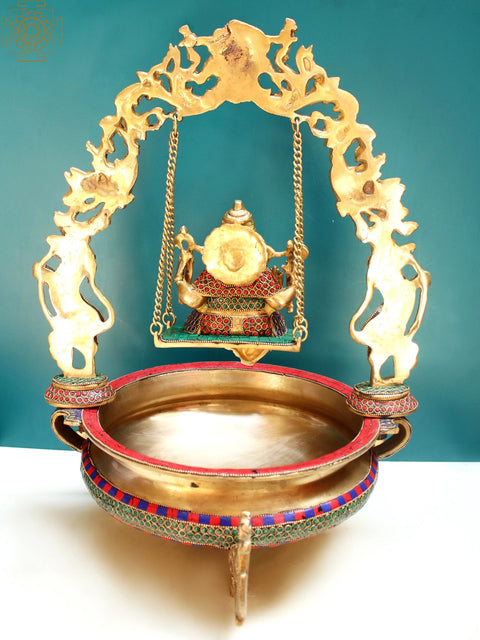20" Brass Lord Ganesha Urli with Inlay Work
