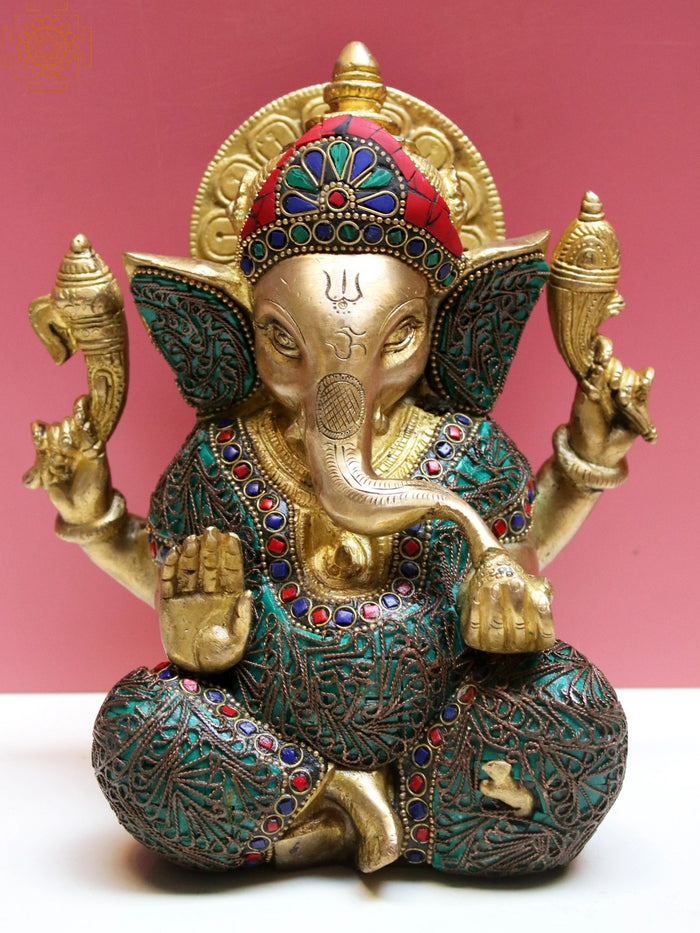 8" Brass Lord Ganesha Idol with Inlay Work