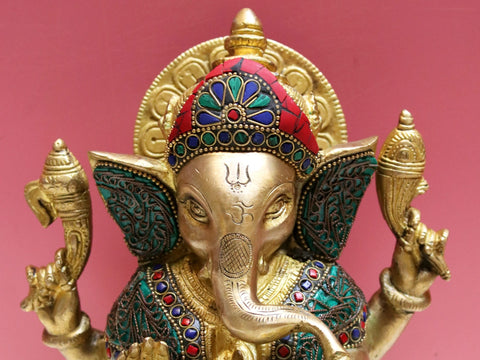 8" Brass Lord Ganesha with Inlay work