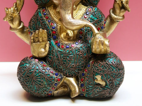 8" Brass Lord Ganesha with Inlay work