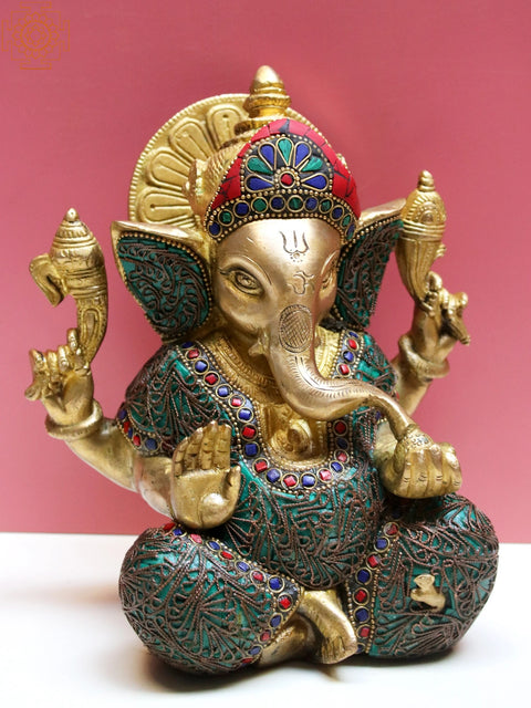 8" Brass Lord Ganesha with Inlay work