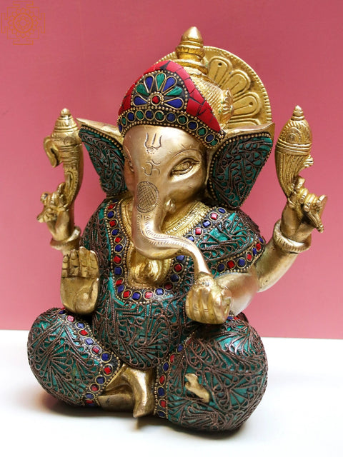 8" Brass Lord Ganesha with Inlay work