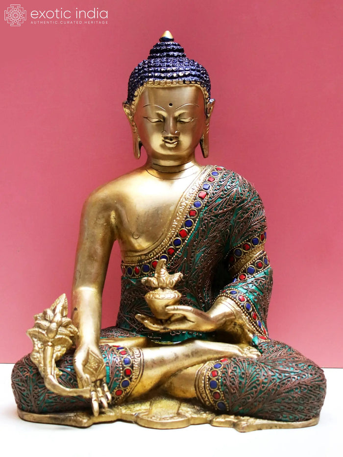 10" Brass Medicine Buddha Statue with Inlay Work