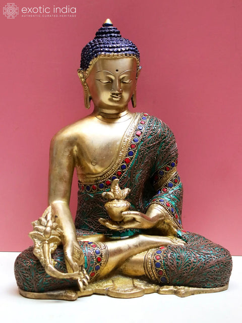 10" Brass Medicine Buddha with Inlay Work