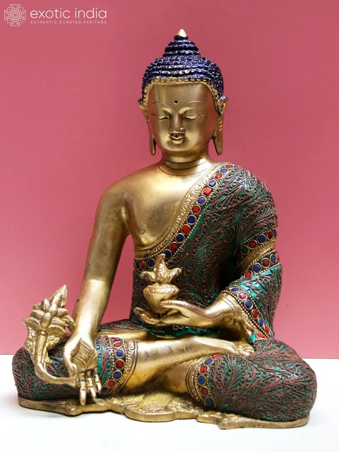 10" Brass Medicine Buddha with Inlay Work