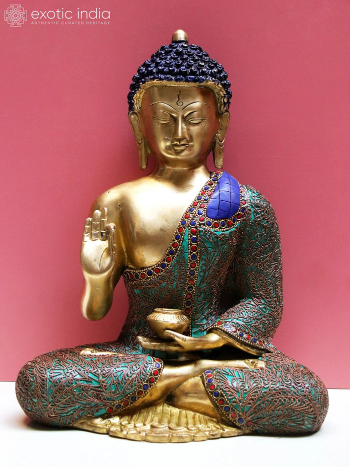 12" Brass Gautam Buddha Preaching Dharma Handmade Statue with Inlay