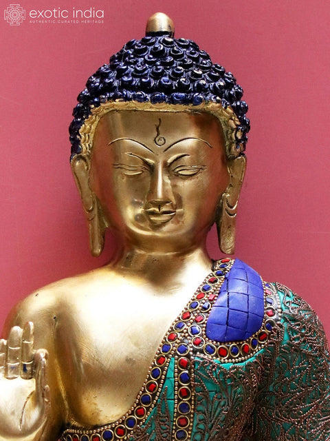 12" Brass Gautam Buddha Preaching His Dharma with Inlay Work