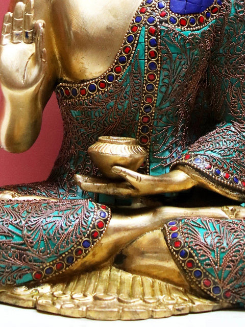 12" Brass Gautam Buddha Preaching His Dharma with Inlay Work