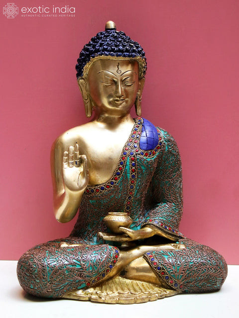 12" Brass Gautam Buddha Preaching His Dharma with Inlay Work