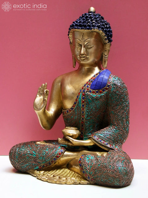 12" Brass Gautam Buddha Preaching His Dharma with Inlay Work