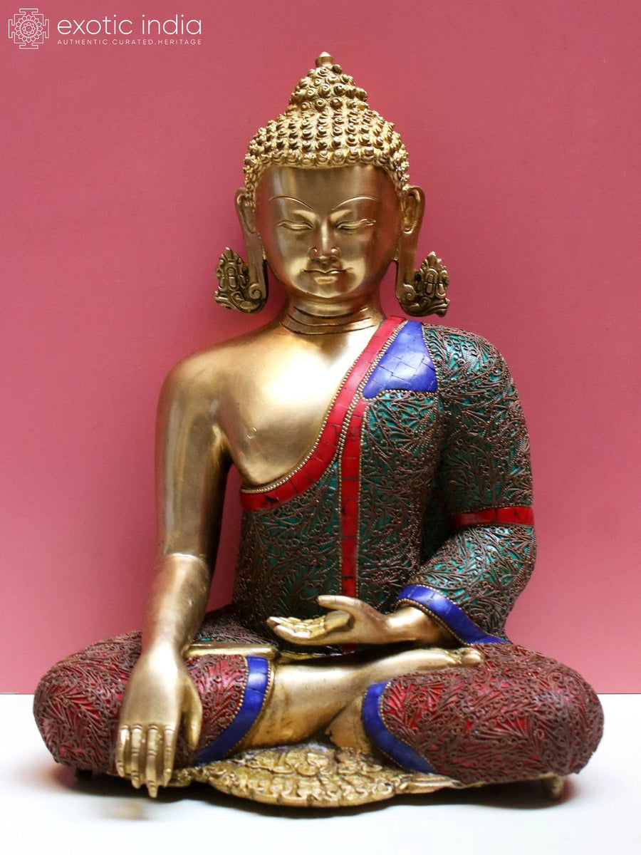 13" Brass Bhumisparsha Buddha Statue with Inlay Work