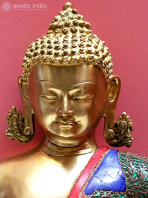 13" Brass Bhumisparsha Buddha with Inlay Work