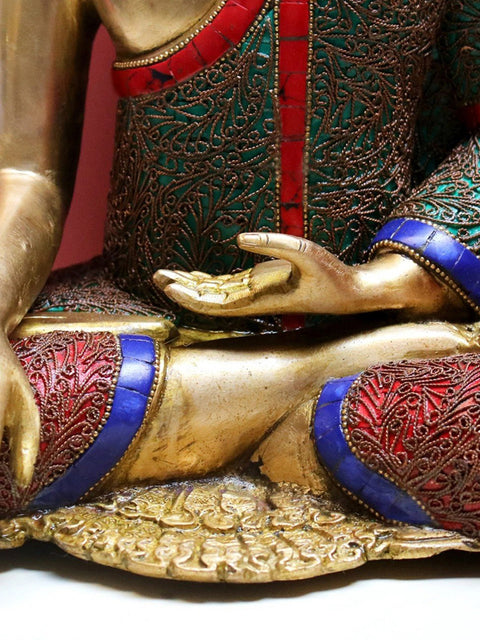 13" Brass Bhumisparsha Buddha with Inlay Work