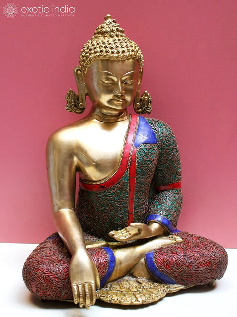 13" Brass Bhumisparsha Buddha with Inlay Work