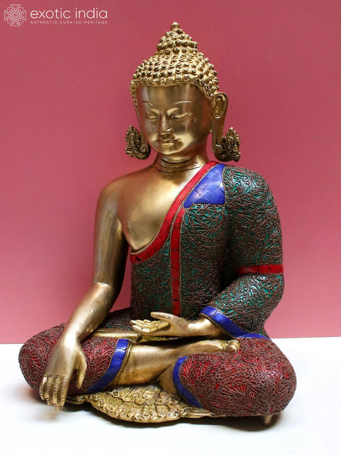 13" Brass Bhumisparsha Buddha with Inlay Work