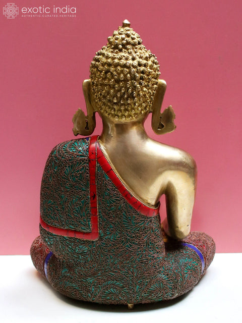13" Brass Bhumisparsha Buddha with Inlay Work