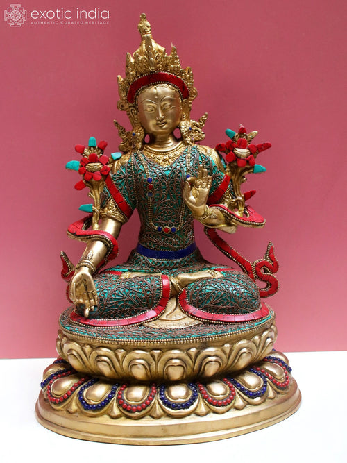 13" Brass White Tara Goddess Statue with Inlay Work